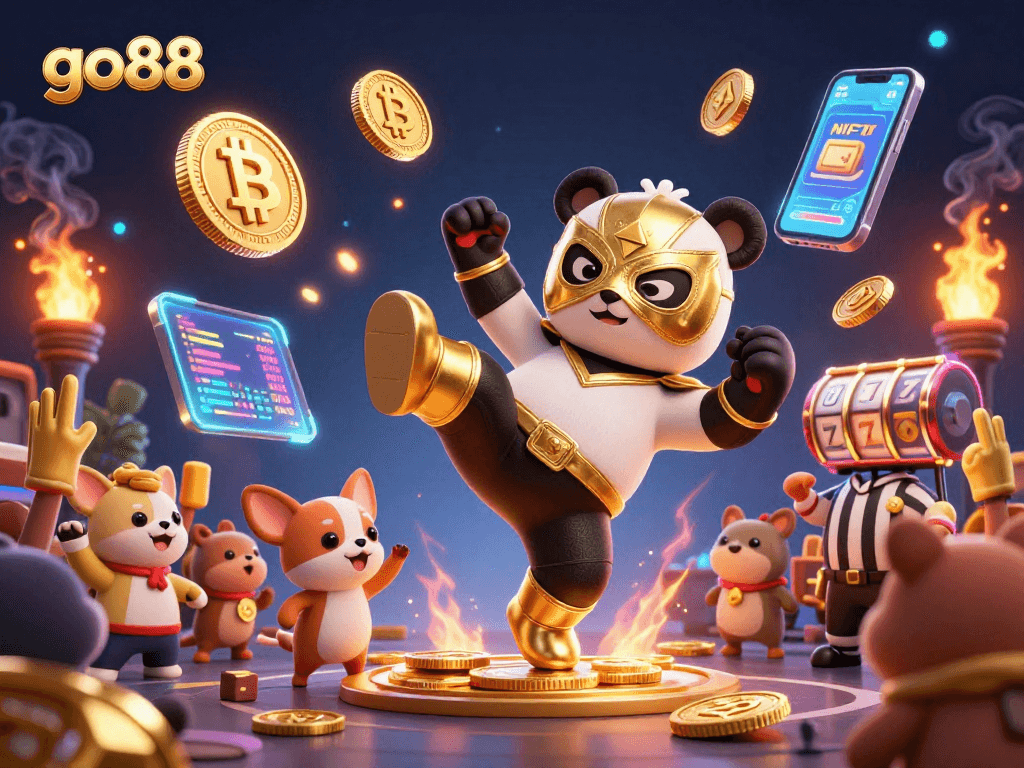 Engage with go88's exciting slot games featuring a panda and cartoon animals celebrating wins.