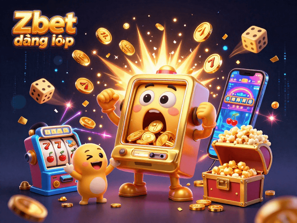 Zbet đăng nhập combines vibrant gaming elements with a lively scene featuring a golden slot machine hitting a jackpot amidst colorful symbols and coins.