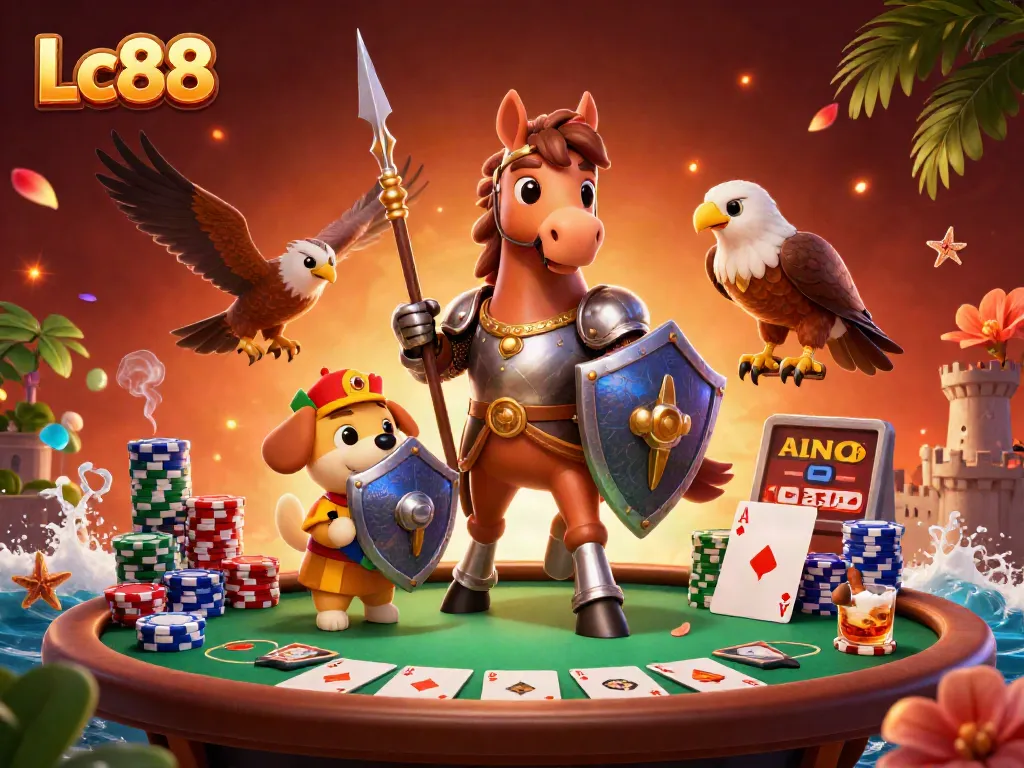 Experience the thrill with Lc88 in a vibrant 3D casino scene featuring poker elements and characters.