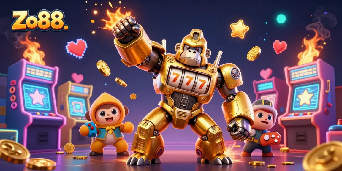 Engage with the exciting world of Zo88. featuring a golden gorilla mech and colorful gaming elements.