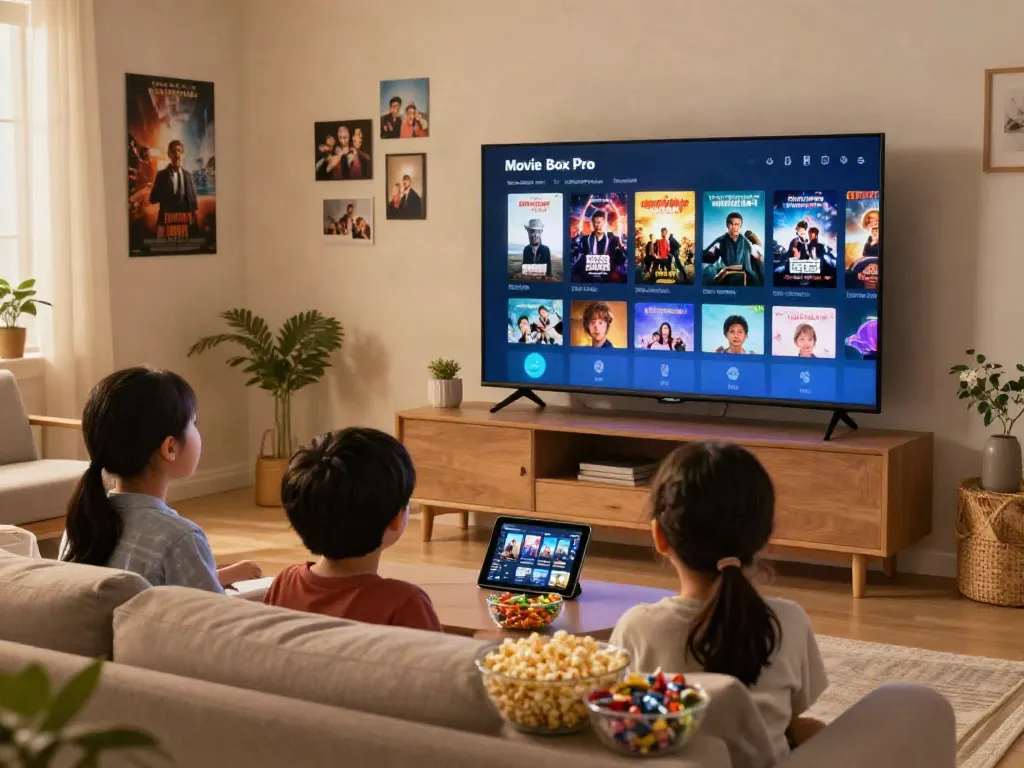 Family enjoying a movie night with Movie Box Pro app on TV