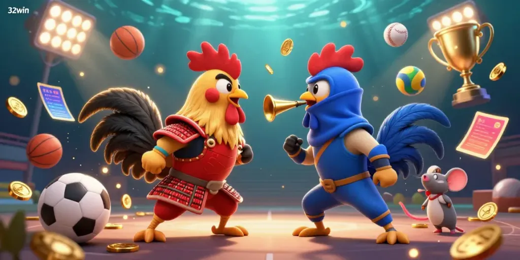 32win showcases a dynamic scene of twin fighting roosters in a samurai and ninja theme amidst flying sports elements and golden coins.