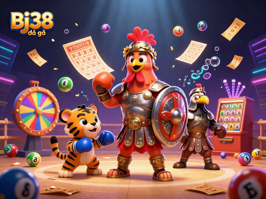Bj38 đá gà invites you to witness thrilling cockfighting in a vibrant, dynamic illustration featuring a gladiator rooster.