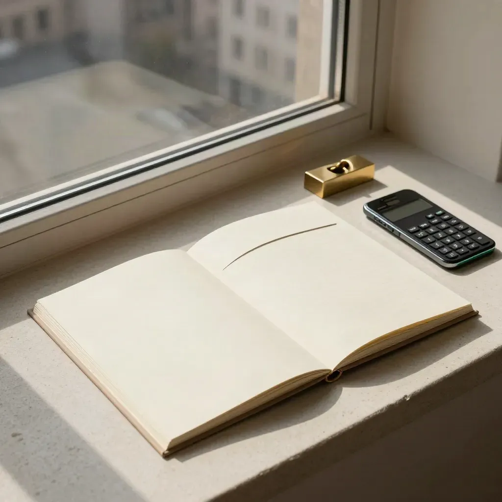 Portfolio review kit on a window ledge with brass, cream, and black finance tools