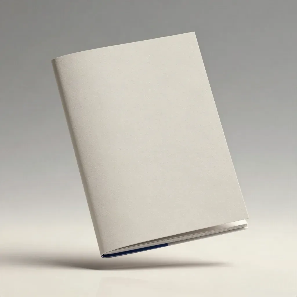 Floating off-white investment guide booklet with layered paper edges and a soft navy sheen.