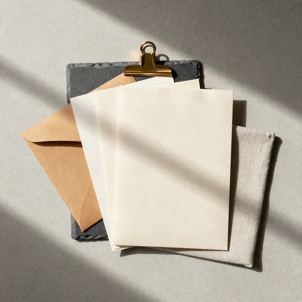 Top-down flatlay of a tax packet, kraft envelope, brass clip and linen swatch on pale concrete.