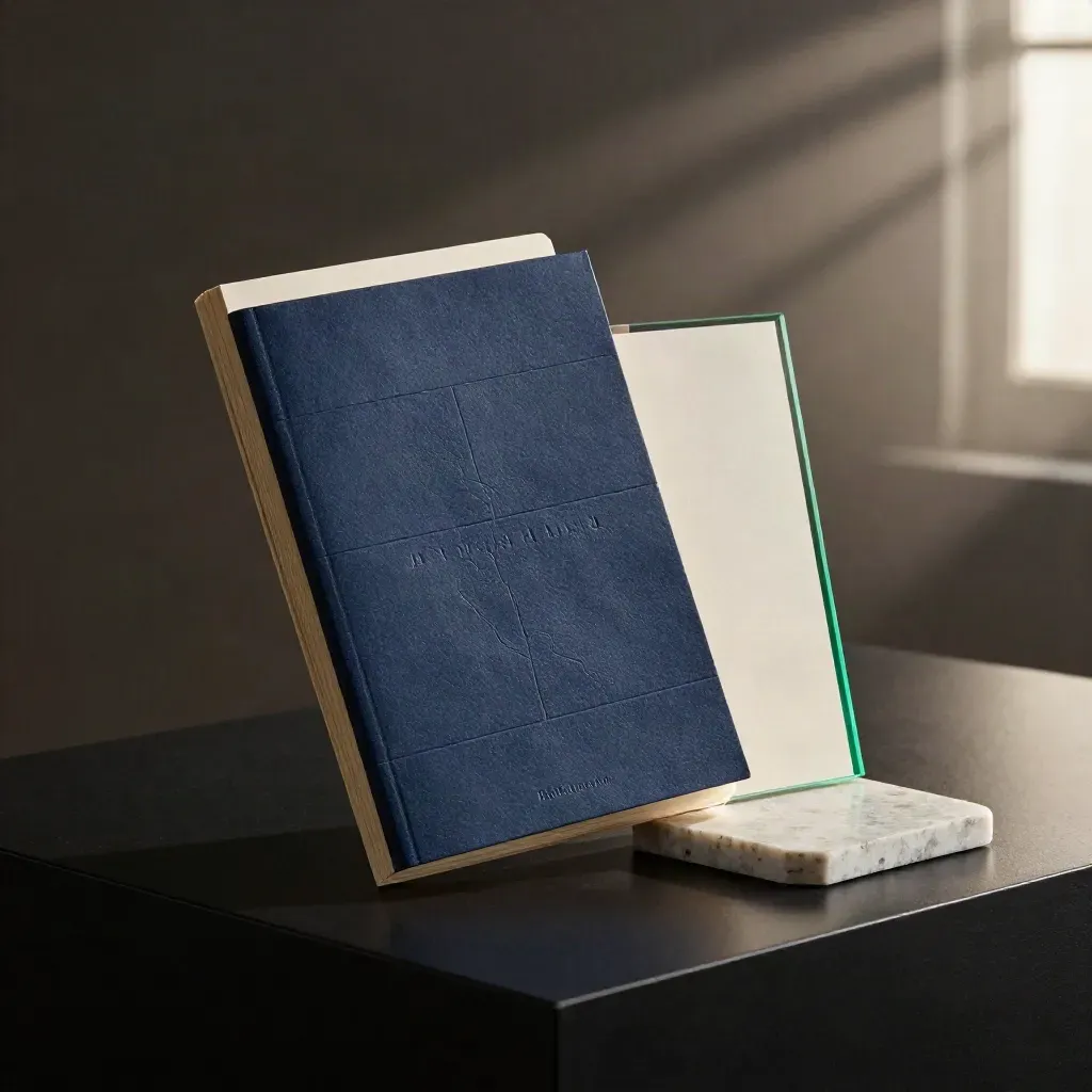 Low-angle finance booklet stack with acrylic divider, stone coaster, and emerald rim light.