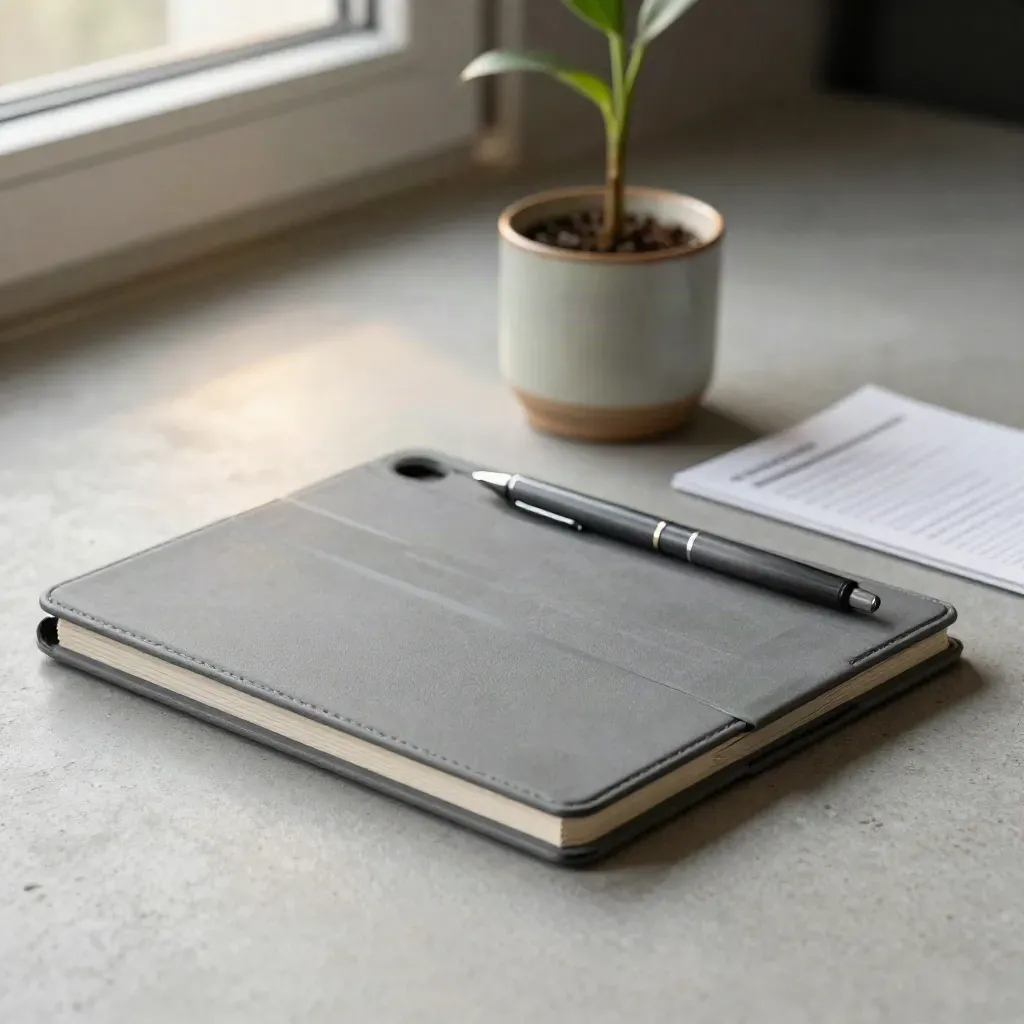 Growth tracker bundle on pale concrete with folder, tablet case, pen and plant stem in a ceramic cup.