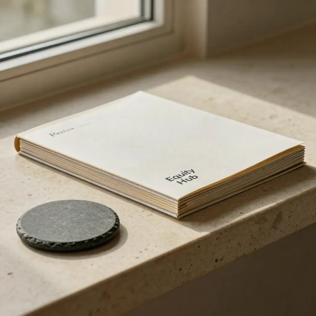 Blank consultation folder, face-down review sheets, and slate coaster on a limestone ledge in raking light.