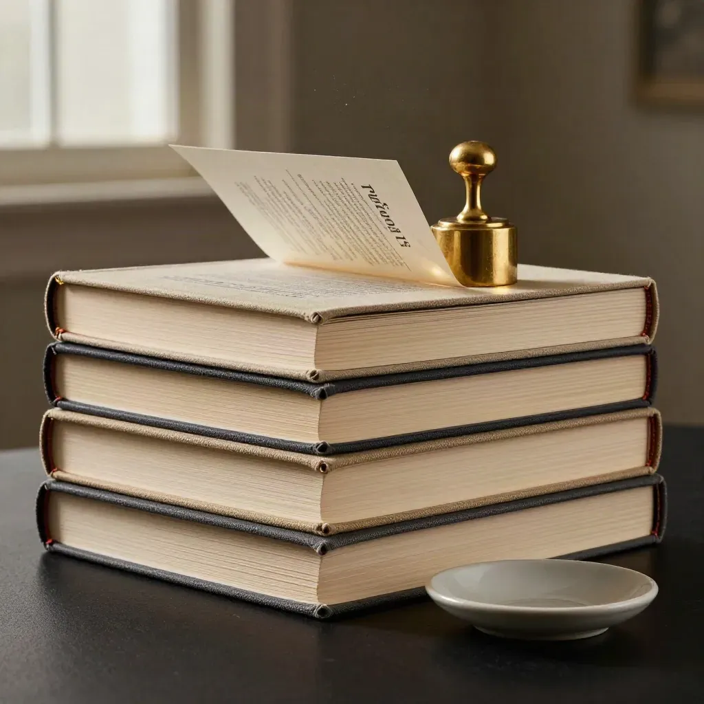 Stacked equity research report books with brass weight and ceramic dish on dark studio surface.
