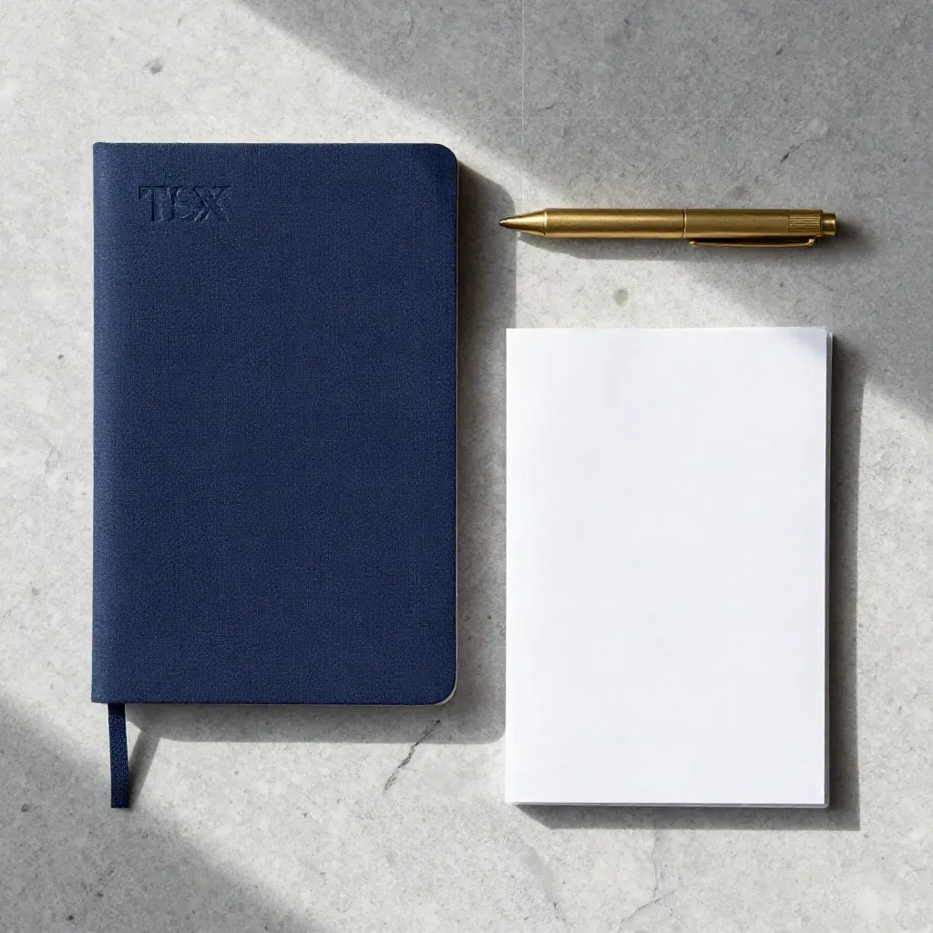 Navy dividend booklet, note card, and brass marker arranged on pale stone.