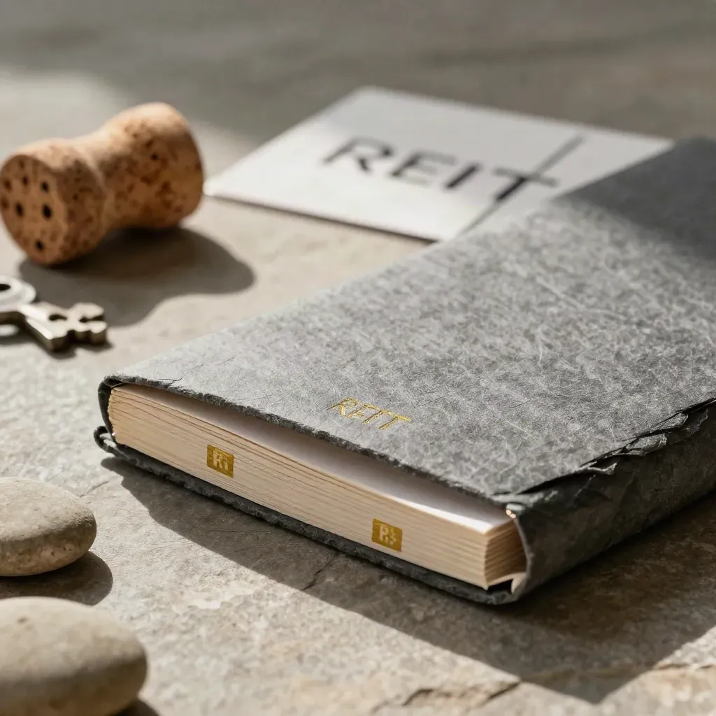 REIT booklet edge tucked in slate cloth with stone and cork, lit by a raking warm beam.