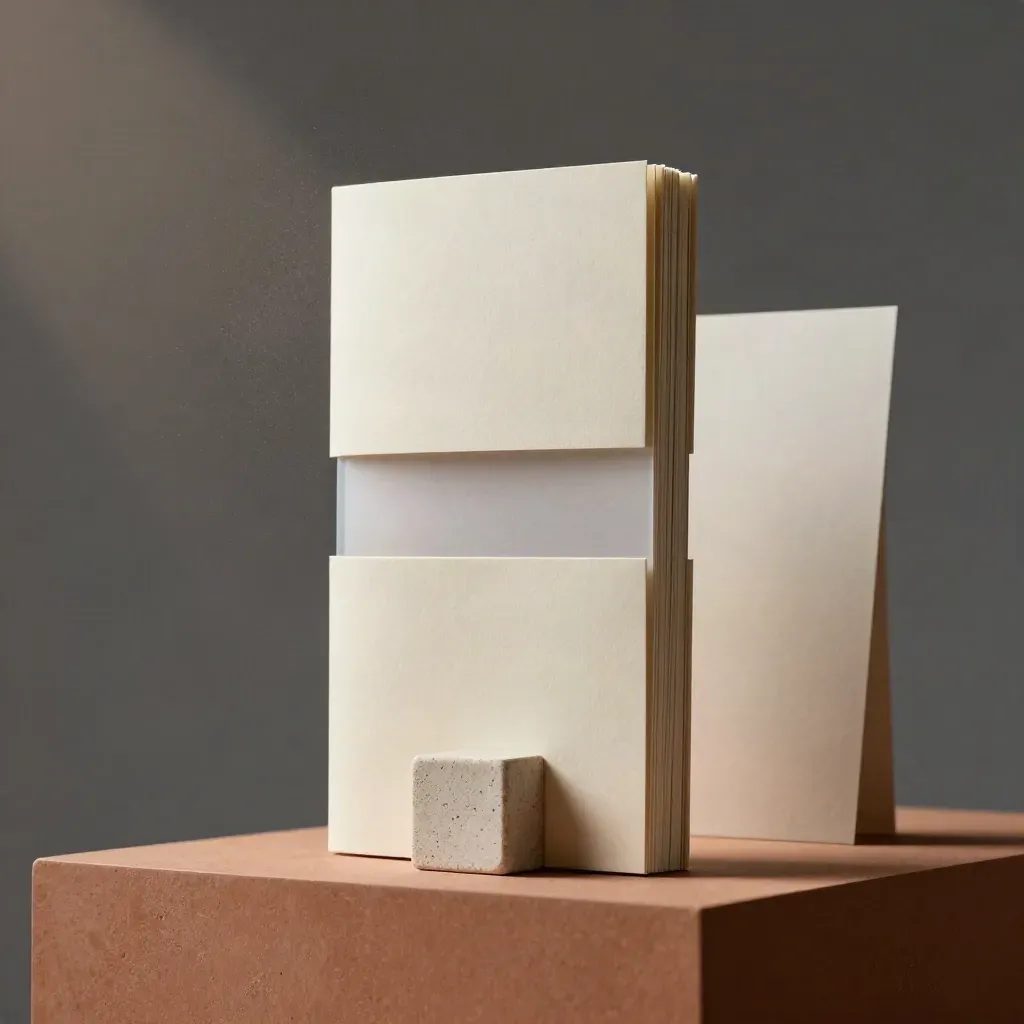 Upright RRSP booklet stack with frosted divider and stone block on a terracotta pedestal.