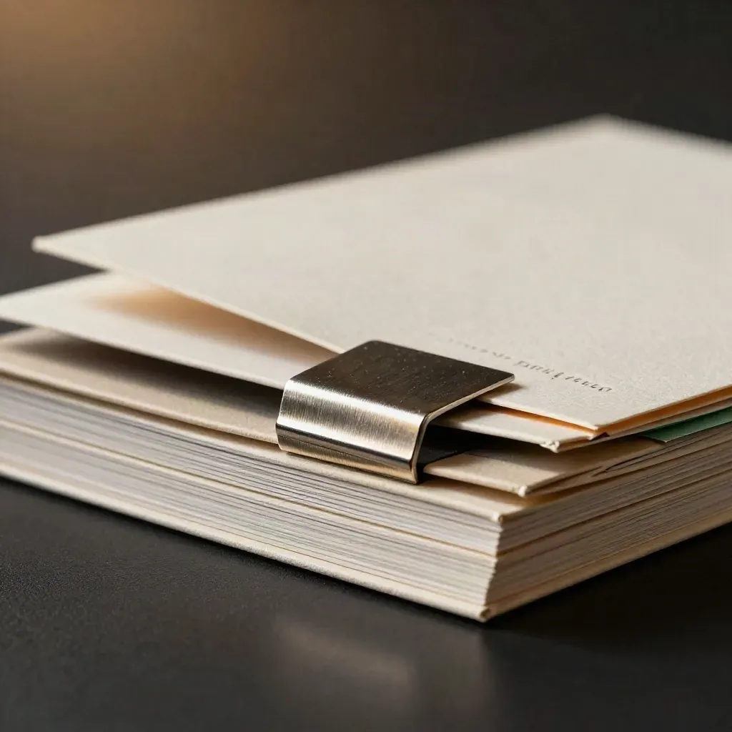 Macro of three neutral stock booklets with graphite divider and metal clip on a dark studio surface.