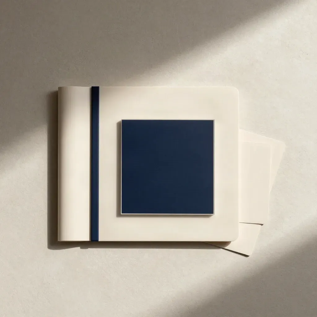 Overhead flatlay of a growth screen sheet booklet, navy tabs, and acrylic square on concrete.
