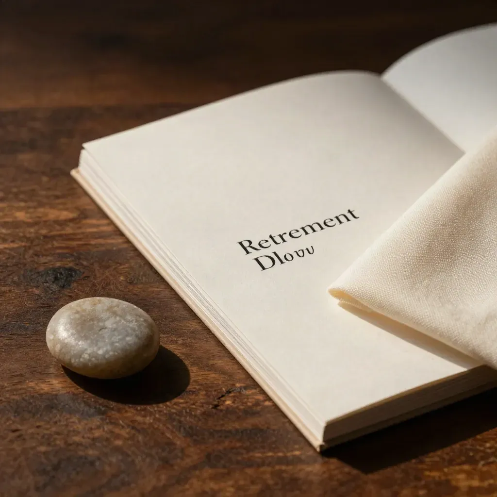 Macro of a booklet, ivory cloth, and smooth pebble on dark wood in warm light.