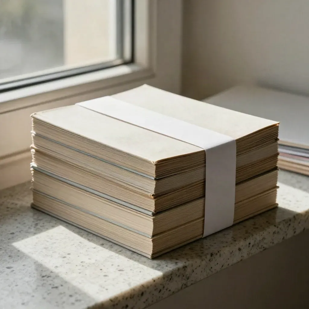 Stack of six slim research booklets wrapped in white paper on a travertine ledge in soft side light.