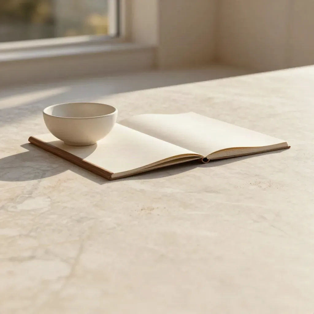 Pale marble terrace with a folded research folio and ceramic bowl in soft late-afternoon light.