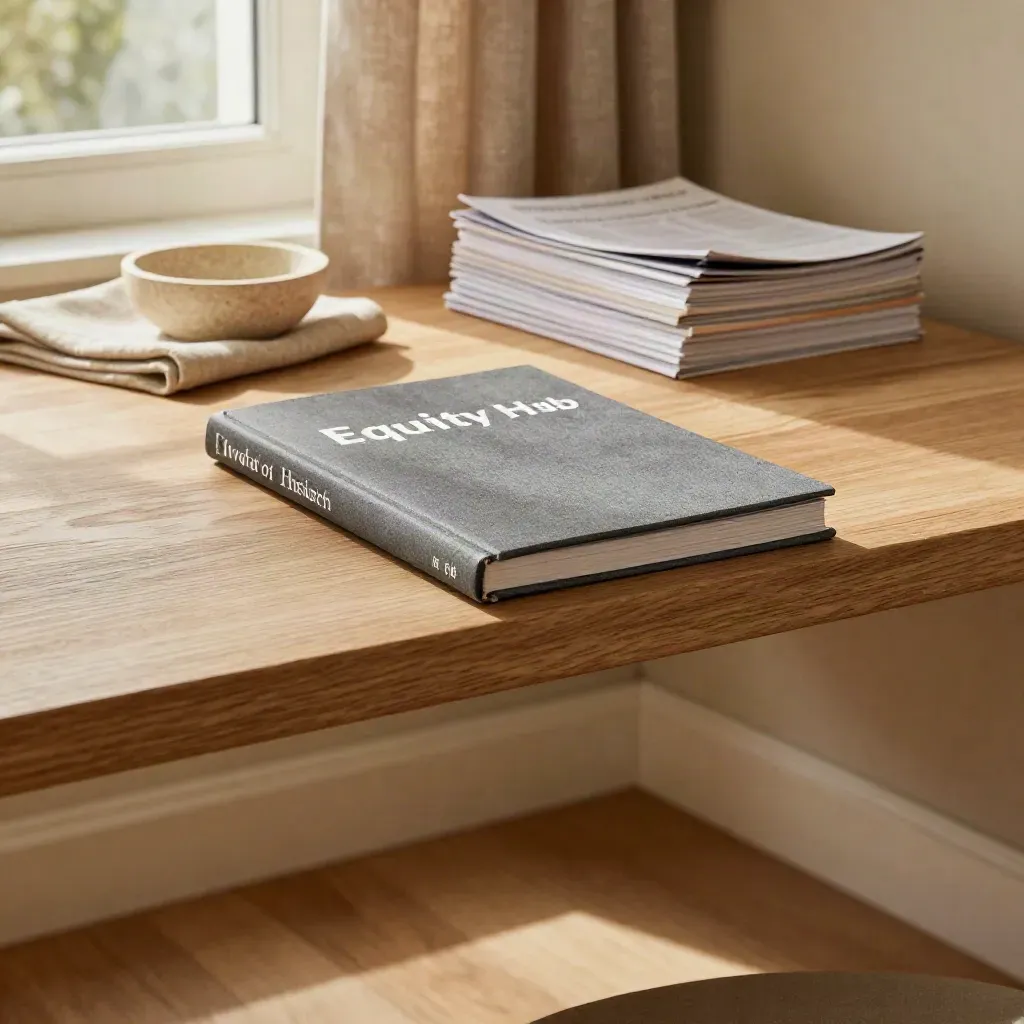 Warm wood reading nook with a closed dividend booklet, linen, shelf, and soft morning light.