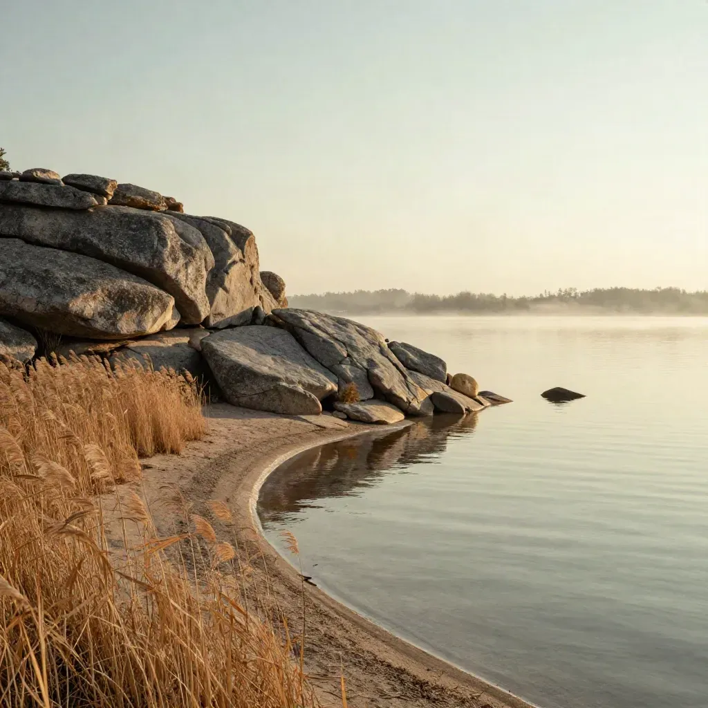 Golden lakeside overlook with reeds, still water, distant trees and a pale stone on the horizon.