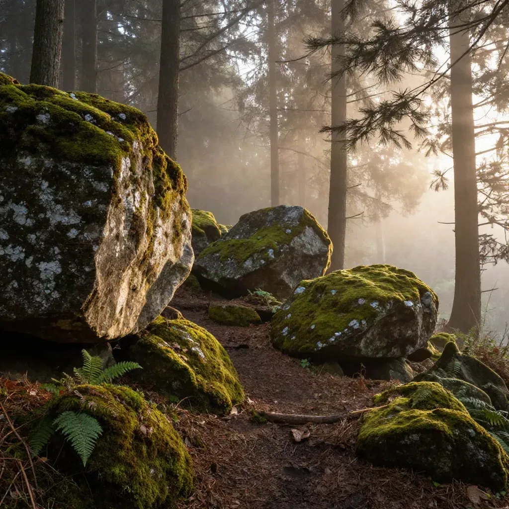 Cedar boughs, mossy boulders and a quiet woodland path under fading light