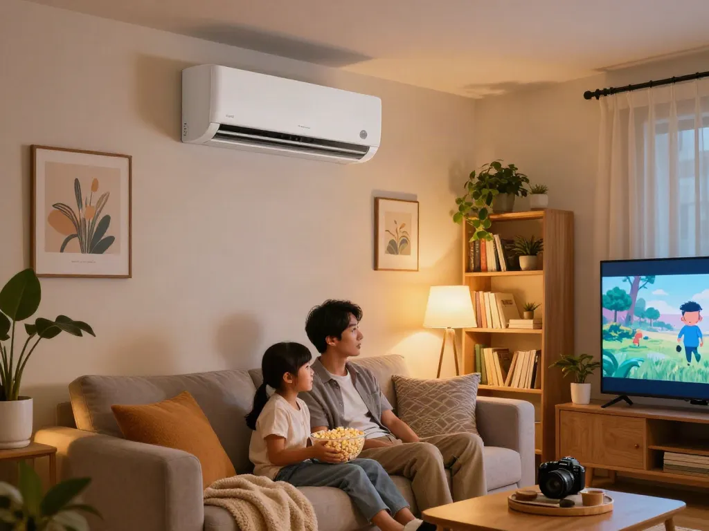 Family relaxing in a stylish living room with a mini split air conditioner efficiently cooling the space.