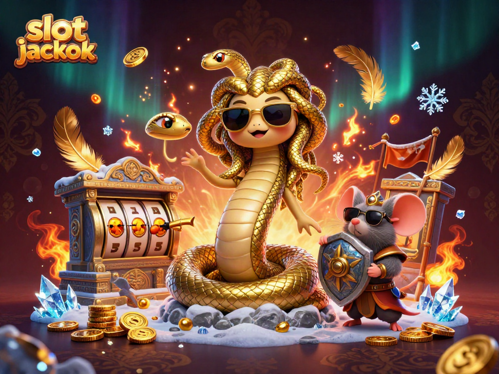 Spin the slot jackpot with a friendly Medusa and warrior mouse amidst vibrant casino elements.