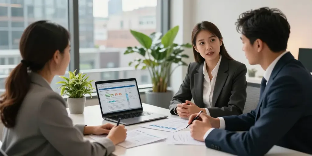 Investment planning Montreal meeting between financial advisor and clients in modern office.